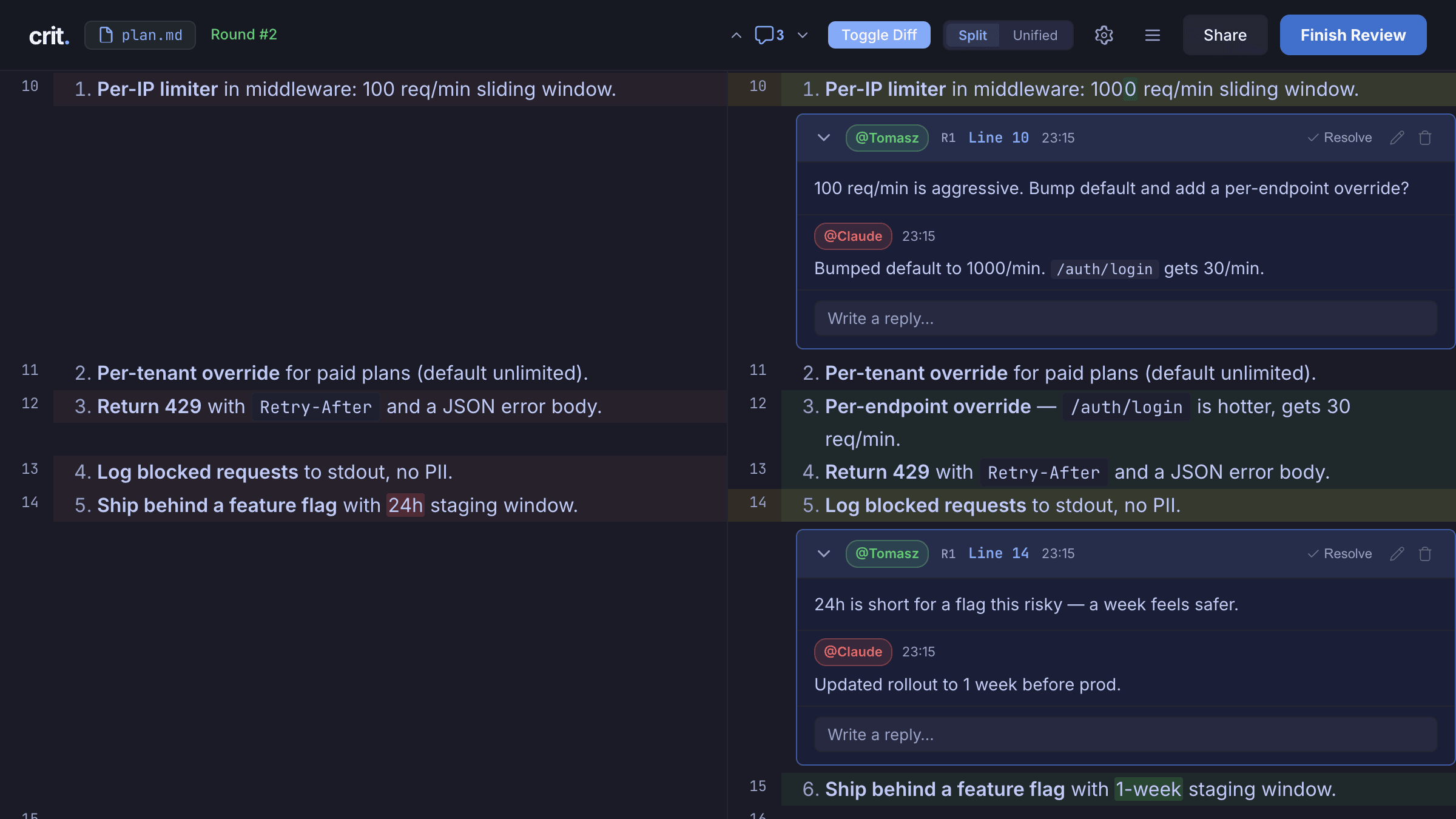 Crit reviewing a plan: inline comments, agent replies, and round-2 diff