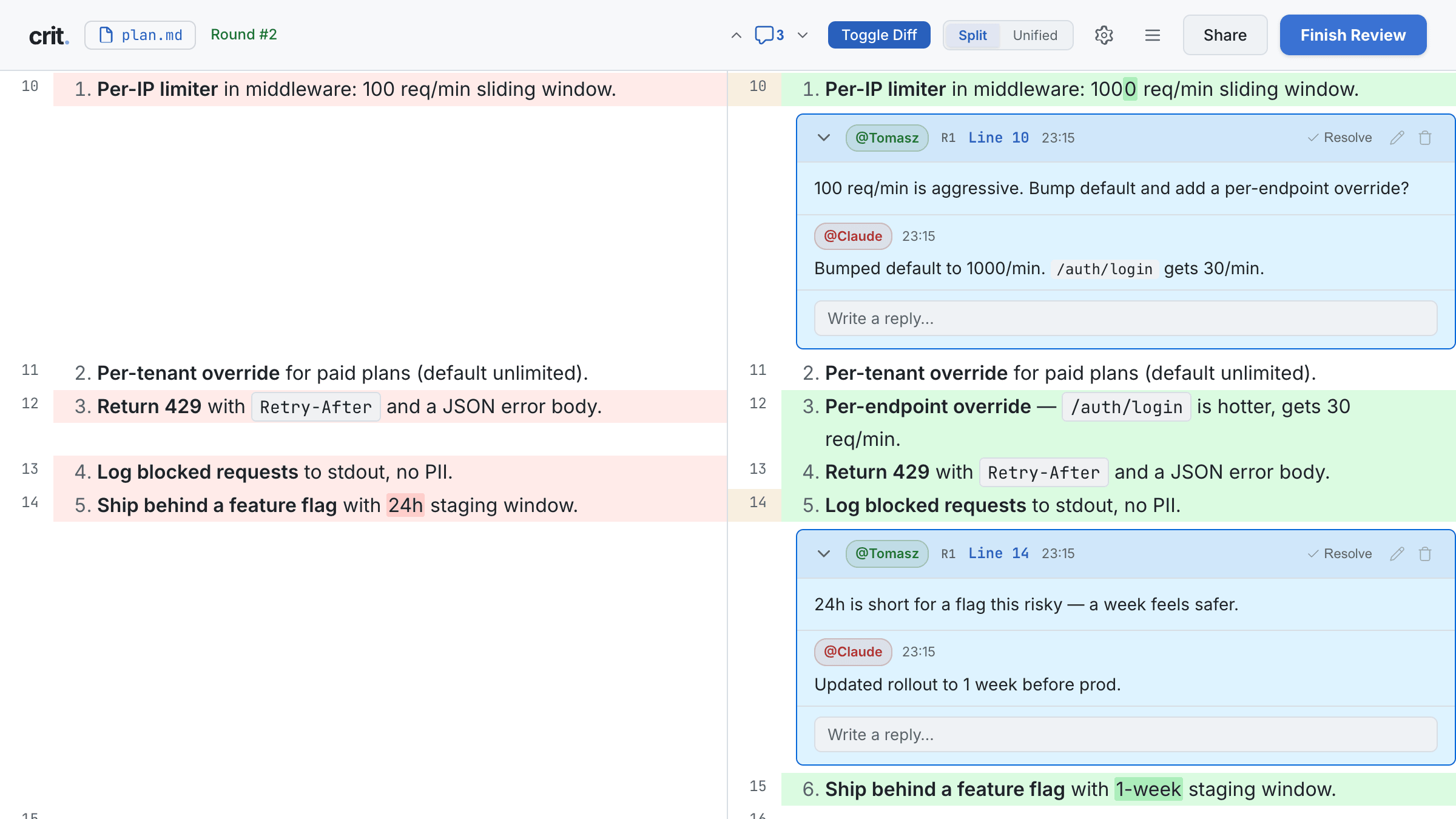 Crit reviewing a plan: inline comments, agent replies, and round-2 diff