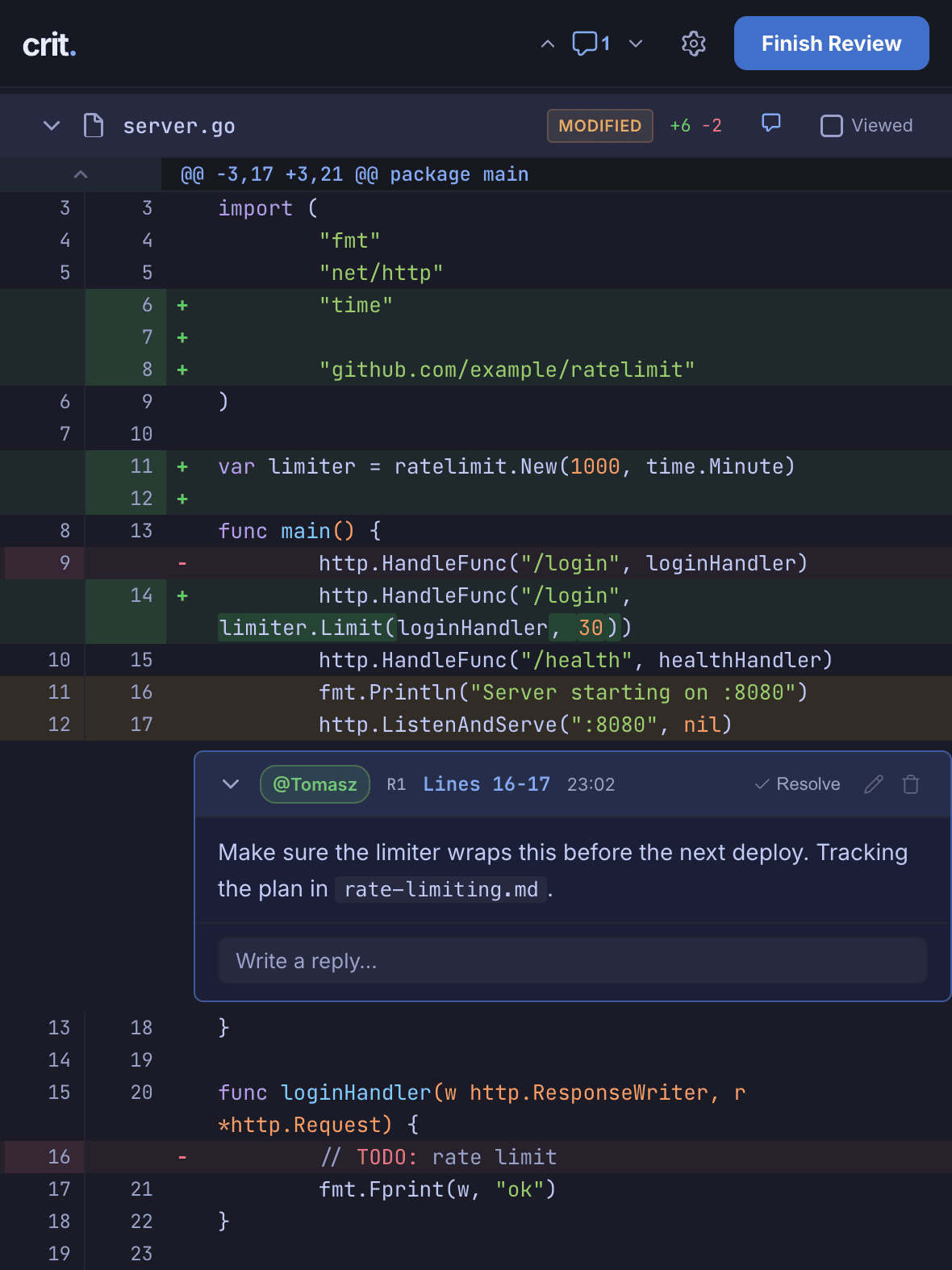Reviewing a syntax-highlighted source file in Crit