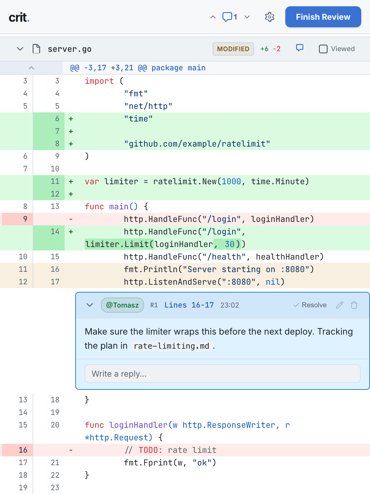 Reviewing a syntax-highlighted source file in Crit