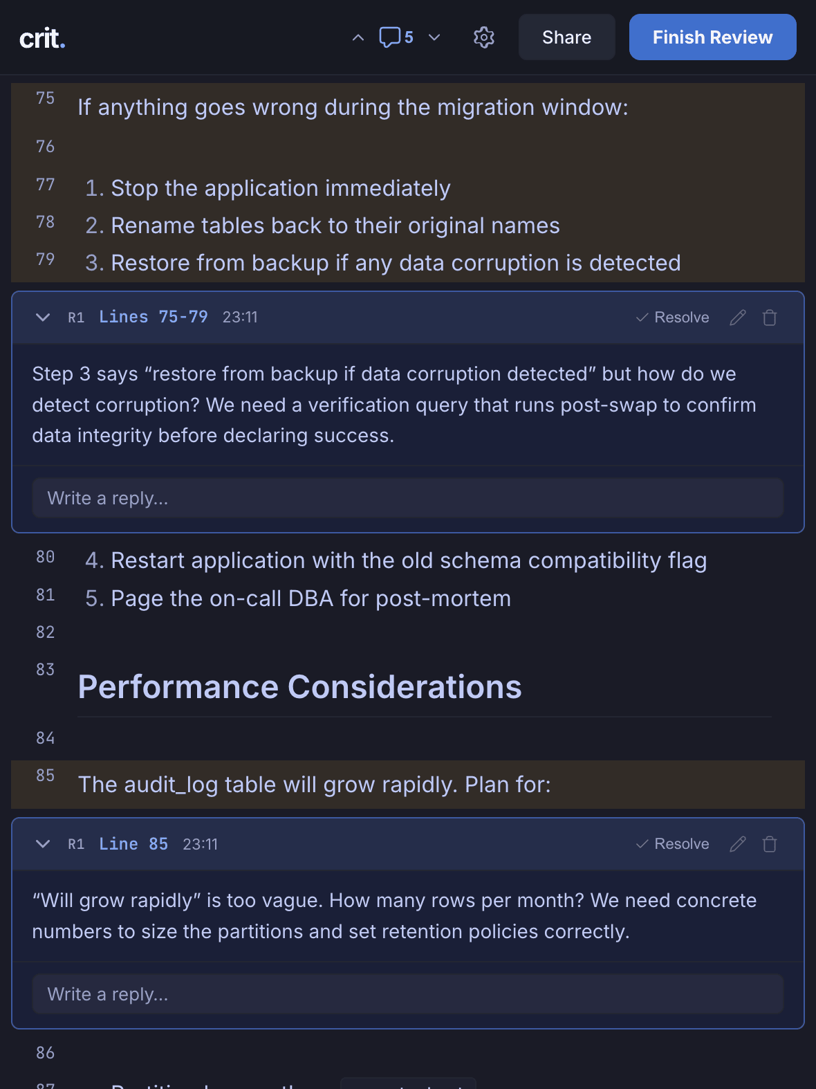 Reviewing a Markdown plan in Crit