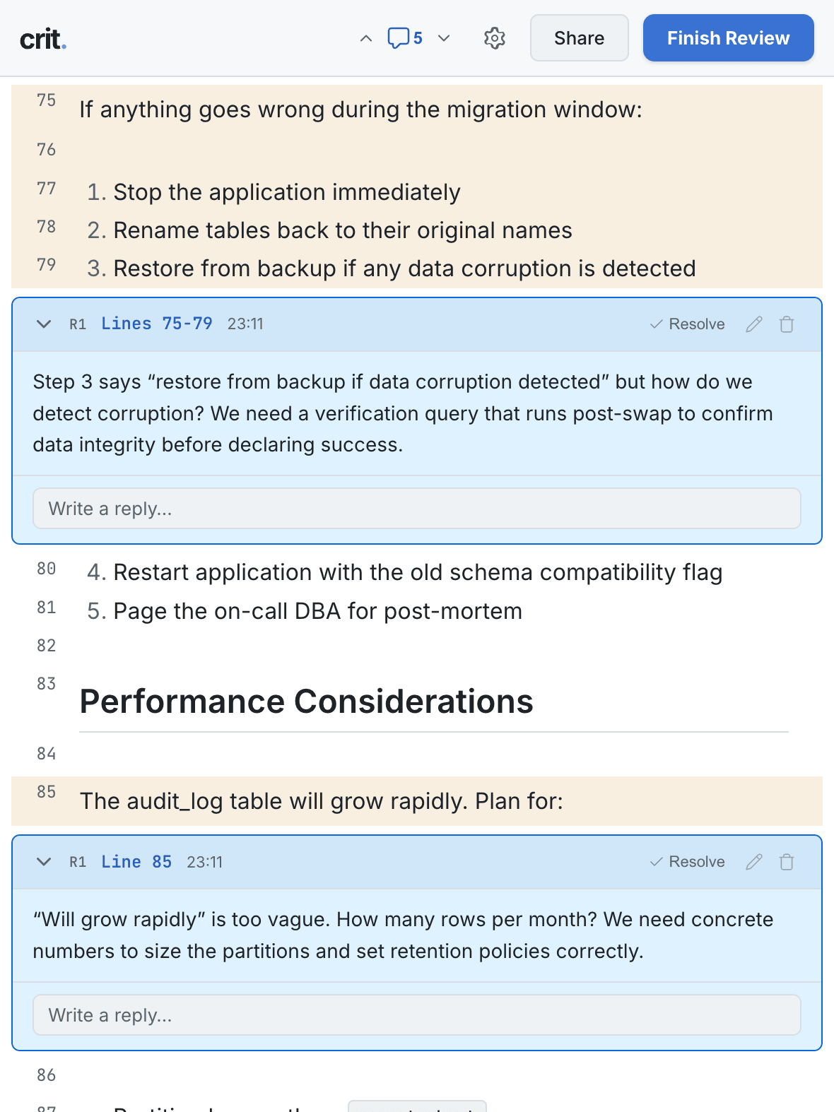 Reviewing a Markdown plan in Crit