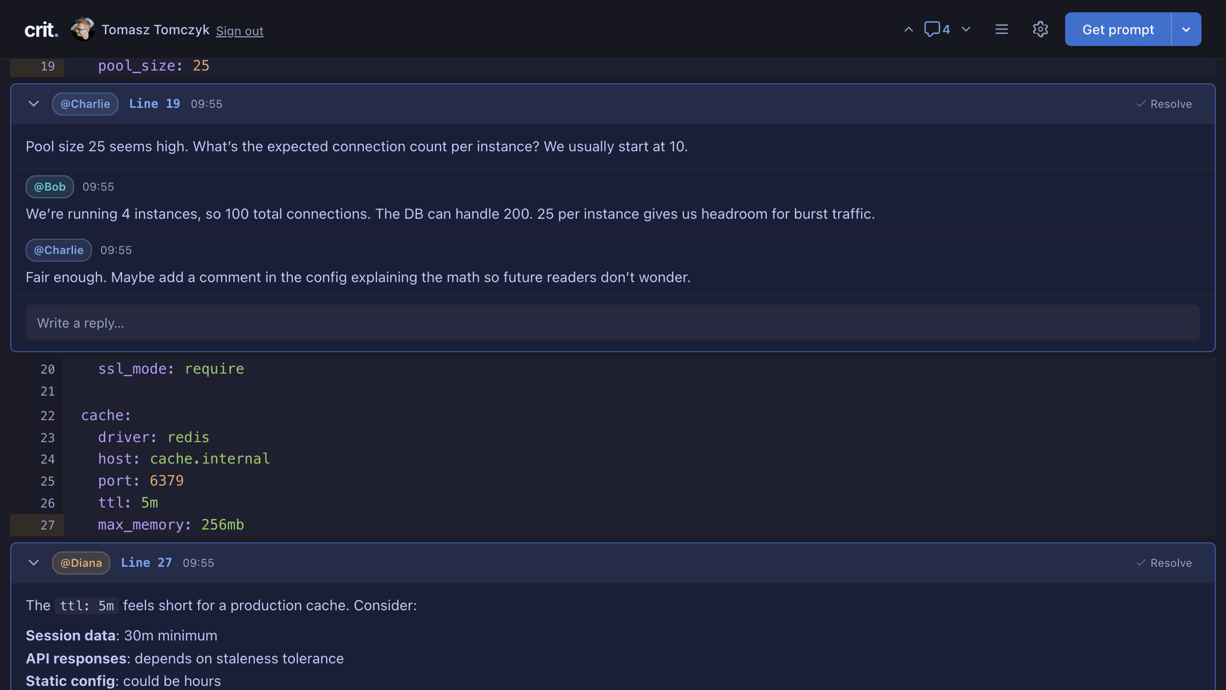 A shared Crit review with multi-author comment threads