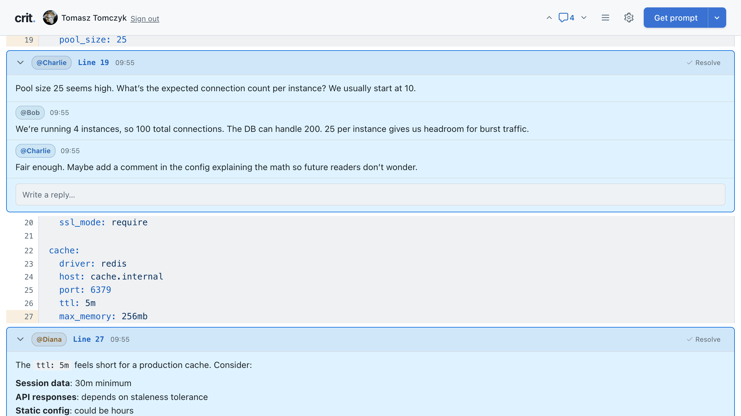 A shared Crit review with multi-author comment threads